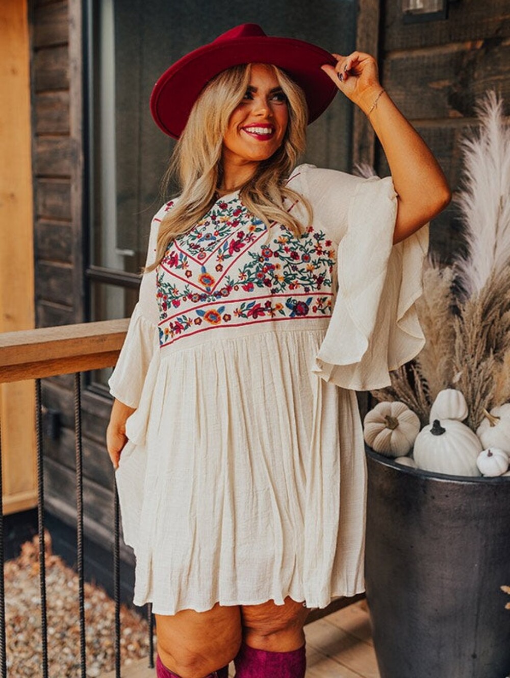 Umgee USA Boho Embroidered Cream Babydoll Dress
